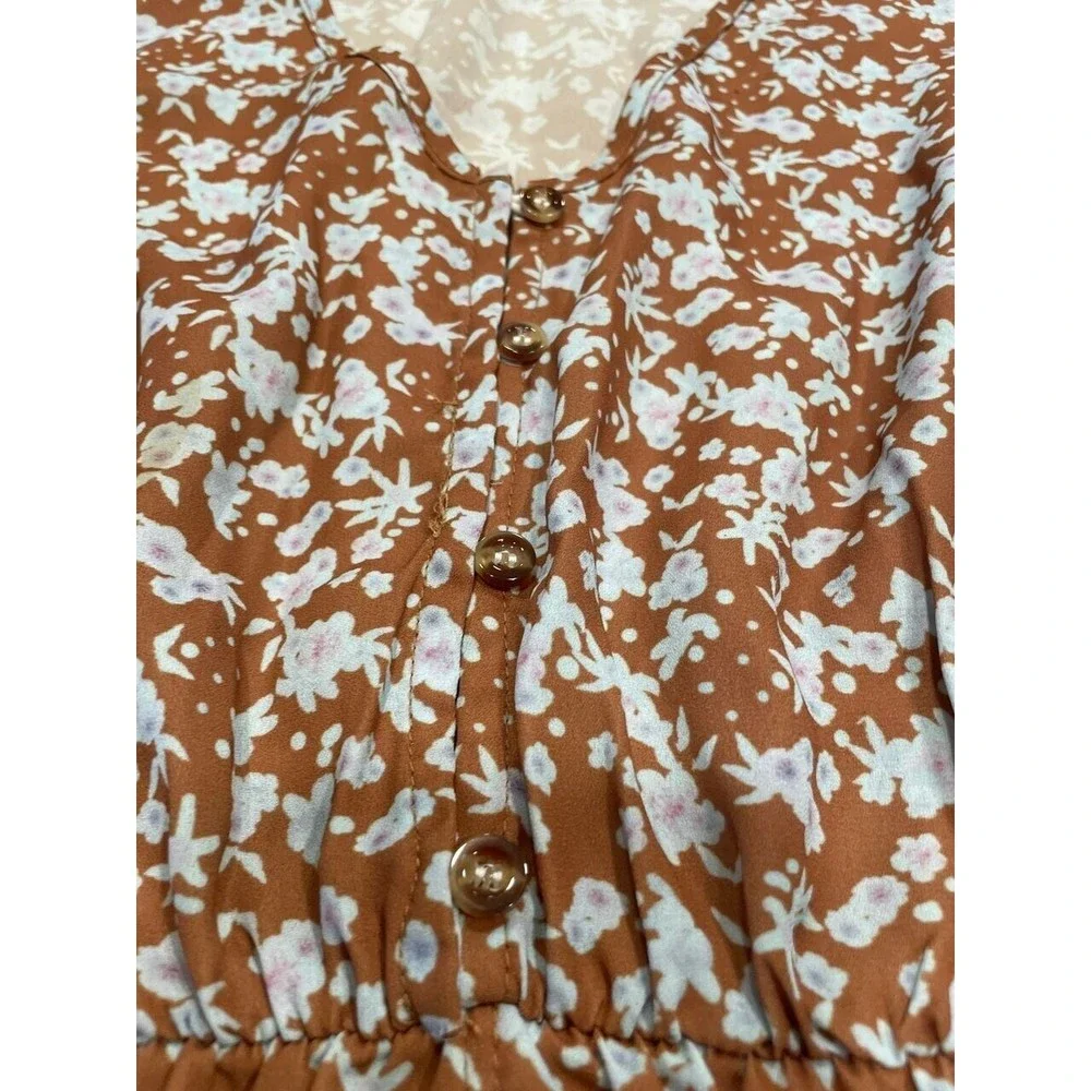 Floral V-Neck Mini Dress Khaki Brown Flutter Sleeve Elastic Waist‎ PY0015 OS